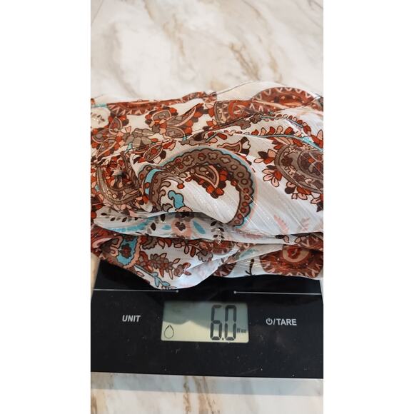 Sara Michelle Boho blouse with white Paisley print and brown and blue tones S 2X - Picture 8 of 8